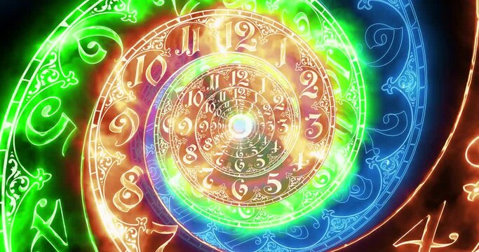 Classic spiral fire dial endlessly moving towards the camera. No arrows. 3 colors. It symbolizes the infinity of time. On black background. 3D render