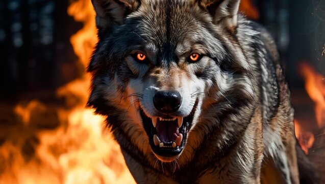 wolf in the forest aggressive wolf with fiery in flames