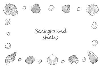 Rectangular frame and background, outline of shells and pebbles.