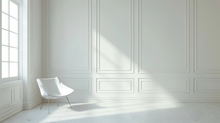 A sparse, well-lit room with white walls, featuring a single, elegant chair as the focal point, the embodiment of minimalist interior design.