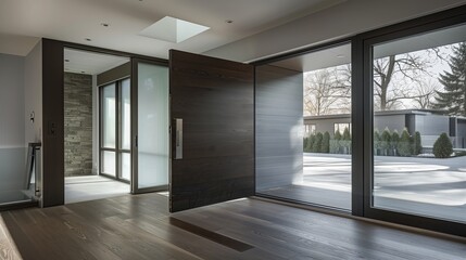 A modern entry with a large pivoting door in dark oak and a side panel of frosted glass