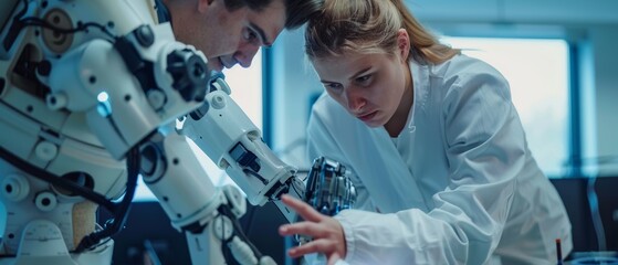 Chief Female Engineer and Top Male Scientist in Robotics Development Laboratory develop a bionic exoskeleton prototype. They design a powered exosuit to help disabled workers and hard workers.