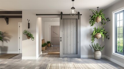 A modern farmhouse entrance with a sliding barn door and hanging planters