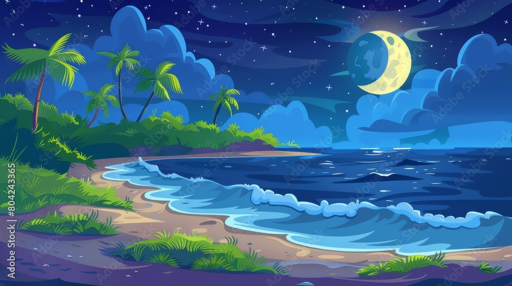 Wall mural Summer island beach on a hot summer night with exotic palm trees, lianas, a blue sky, and stars. Modern illustration of a seaside landscape with exotic palm trees, lianas, grass, and ocean waves - Wall murals