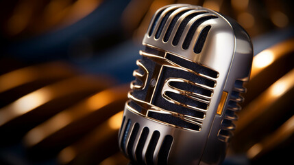 The image shows a silver retro microphone against a blurred background of musical instruments.