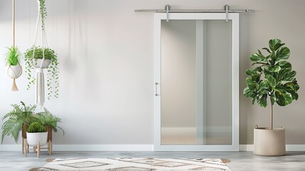 A modern farmhouse entrance with a sliding glass barn door and hanging macram?(C) planters