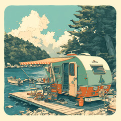 Step into a World of Comfort and Adventure with this Captivating Vintage Camper Parked on the Lakeside