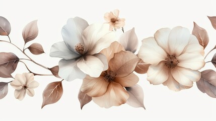 Exquisite watercolor illustration of pink and white flowers with delicate details and soft pastel hues