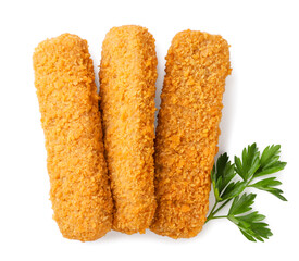 Fish fingers sticks with parsley on a white background. Top view