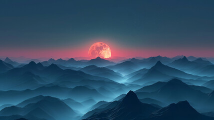 A digital illustration of a large red moon rising over a serene landscape of layered misty mountains. - Powered by Adobe