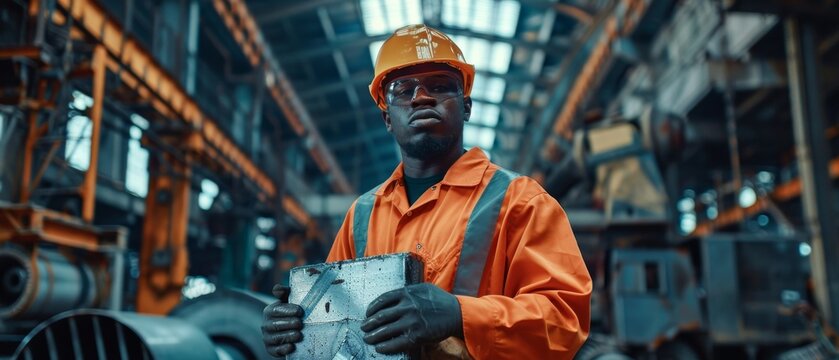 In a heavy steel industry factory, an African-American engineer tests a futuristic bionic exoskeleton and transports metal objects. The contractor is heavy lifting steel parts in a powered shell.