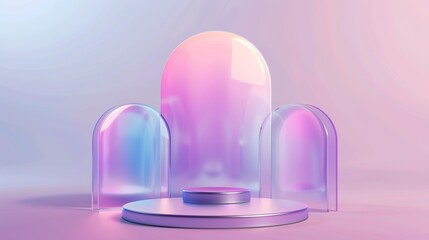 Abstract geometric podium with iridescent glossy surface with 3D holographic arch shape objects isolated against purple and white gradient background. Modern realistic illustration of abstract