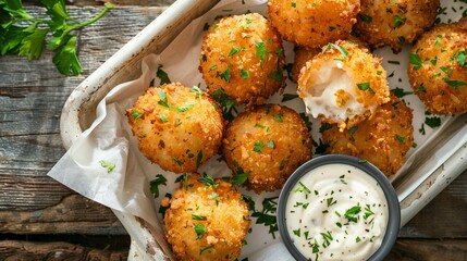 Crispy golden arancini on a rustic white tray creamy dipping sauce