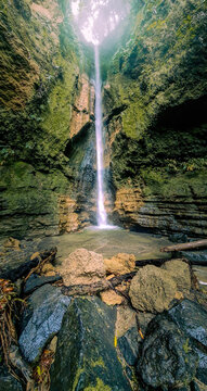 Waterfall hidden in the forest in the Park do Grena at the Lagoa das Furnas, Azores