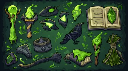 Naklejka premium An icon set of symbols and equipment from fairytale stories: magic wands, brooms, green fog and ravens. Decorate for Halloween with this set of wizard and witch cartoon assets.