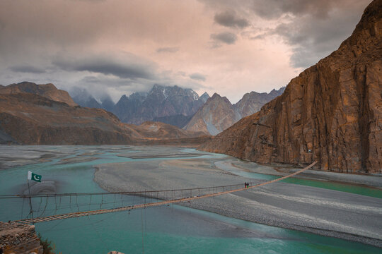 Braided river winding through a rugged mountain valley