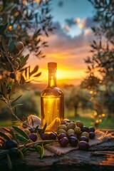 Olive oil bottle surrounded by fresh olives on a rustic wooden table during sunset