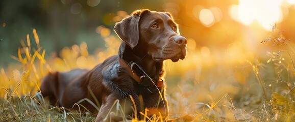 Dog enjoys lying in the grass. Summer, dog walking in nature. Portrait of brown Labrador Retriever