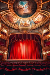 Ornate theater with red curtains and plush seating centered focus