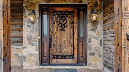 A rustic wooden entrance door with ironwork details and stone wall accents