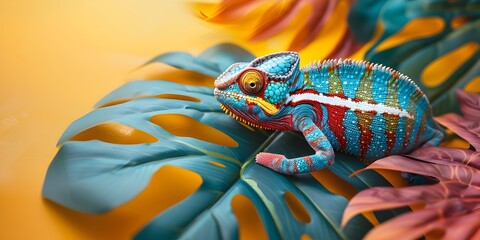 Chameleon Blending Into Vibrant Foliage Showcasing Remarkable Adaptability and Camouflage Abilities