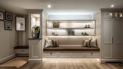 A sleek and elegant mudroom with built-in storage and a hidden shoe polishing station