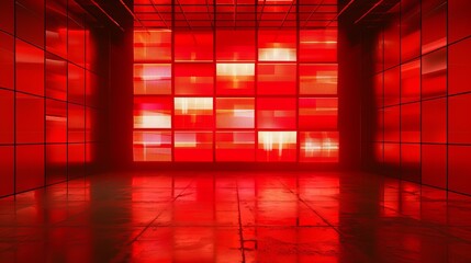 An abstract board with reflection in front of a red light panel in a studio room. A stage for a...