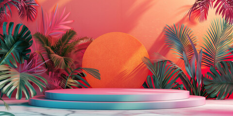 Unique and diverse product display podium, adorned with bright and vibrant tropical colors. Generative AI.