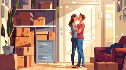 a happy young married couple moves to new apartment