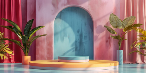 Unique and diverse product display podium, adorned with bright and vibrant tropical colors. Generative AI.