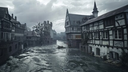 Inundation zone and flood on German city street with wind disaster. Architecture and landscape scene from ancient Europe with a hurricane season.