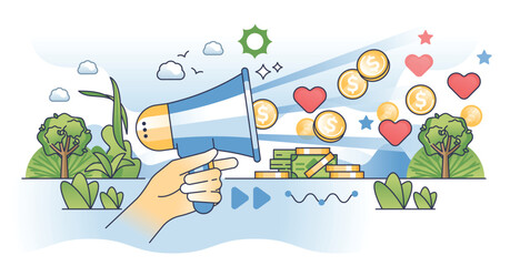 Nonprofit fundraising campaign with money gathering outline hands concept. Public activities for financial donation awareness vector illustration. Social media ads and advertisement to raise cash.