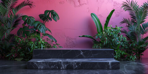 Unique and diverse product display podium, adorned with bright and vibrant tropical colors. Generative AI.