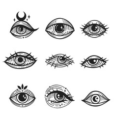 Evil eye set. Eye of Providence. Lineart Vector illustration. Magic celestial witchcraft symbol. Masonic symbol. Hand drawn logo or emblem