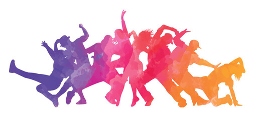 Detailed vector illustration silhouettes of expressive dance colorful group of people dancing. Jazz funk, hip-hop, house dance. Dancer man jumping on white background. Happy celebration	
