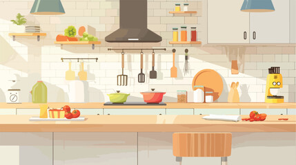 Counter with food and utensils in light kitchen 2d
