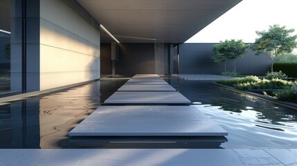 A sleek entrance with a reflective water feature and a floating concrete pathway