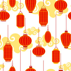 Pattern is Chinese red paper lanterns of different shapes with tassels on a background of delicate clouds, cultural richness and festive atmosphere. A festive festival. Moon Festival. Seamless texture