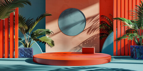 Unique and diverse product display podium, adorned with bright and vibrant tropical colors. Generative AI.