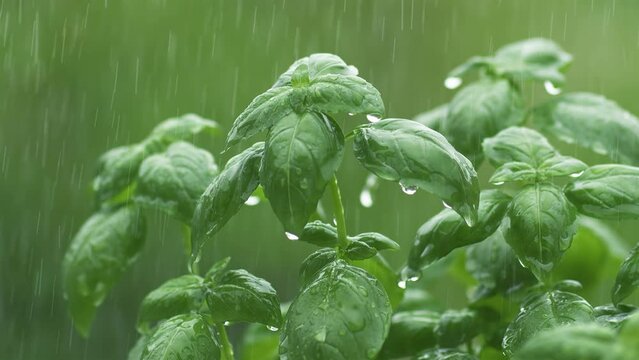 It is raining on green basil herbs in fresh spring nature, refreshing rain