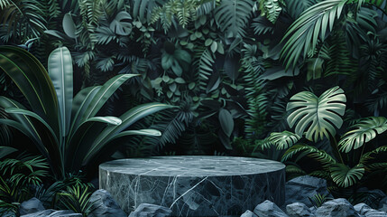 An elegant black stone product display podium, with green tropical leaves in the background. Generative AI.