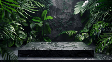 An elegant black stone product display podium, with green tropical leaves in the background. Generative AI.
