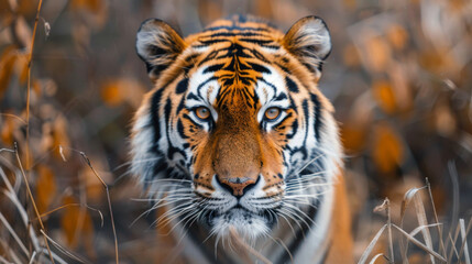 Stunning close-up of a tiger with vivid orange and black stripes and piercing eyes, camouflaged among autumnal foliage.