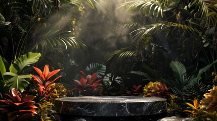 An elegant black stone product display podium, with green tropical leaves in the background. Generative AI.