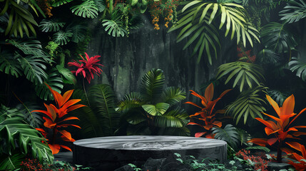 An elegant black stone product display podium, with green tropical leaves in the background. Generative AI.
