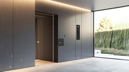 A sleek entrance with a smart lock system and a door that blends seamlessly into the wall