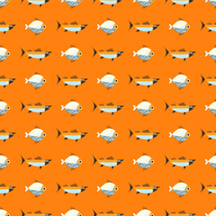 Stylish seamless pattern with different fish. Vector square print, background, design