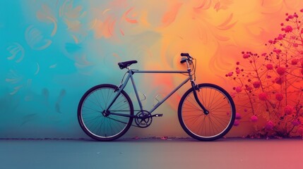 A blue and orange bicycle is parked in front of a blue and orange wall. The bicycle has a black seat and black handlebars. The wall is painted with a gradient of blue and orange.