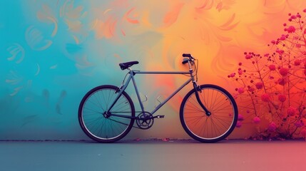 Fototapeta premium A blue and orange bicycle is parked in front of a blue and orange wall. The bicycle has a black seat and black handlebars. The wall is painted with a gradient of blue and orange.