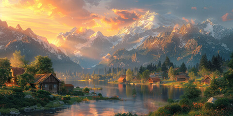 Fototapeta premium a wooden house beside serene lake with mountain background. Wood cabin on the lake , lake in the mountains, natural landscapes. Nature background